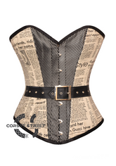 Retro Vintage Newspaper Print Cotton & Satin Central Panel Leather Belt Gothic Steampunk Overbust Corset Costume