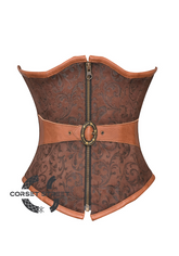 Brown Brocade & Leather Belt Gothic Steampunk Waist Training Bustier Underbust Plus Size Corset Costume