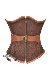 Brown Brocade & Leather Belt Gothic Steampunk Waist Training Bustier Underbust Plus Size Corset Costume