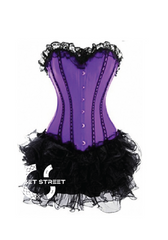 Purple Satin Black Tissue Tutu Skirt Gothic Burlesque Bustier Waist Training Costume Overbust Corset Dress