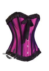 Purple Satin Black Frill Gothic Retro Burlesque Bustier Waist Training Overbust Plus Size Corset Costume