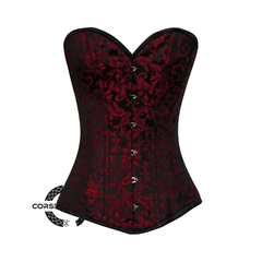 Red Black Brocade Gothic Steampunk Waist Training Bustiers Burlesque LONG Overbust Corset Costume