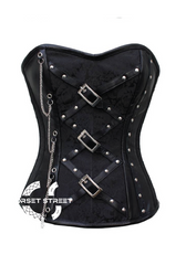 Black Brocade Zigzag Leather Straps Gothic Steampunk Bustier Period Costume Waist Training Overbust Corset Top