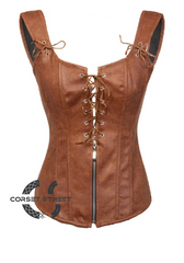 Brown Faux Leather Zipper N Lacing Gothic Steampunk Waist Training Overbust Plus Size Corset Costume