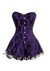 Purple Satin Net Gothic Burlesque Bustier Waist Training Costume Overbust Corset Dress