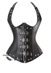 Black Leather Halter Neck Waist Training Burlesque LONG Underbust Corset Costume
