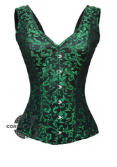 Green Black Brocade Shoulder Strap Gothic Burlesque Bustier Waist Training Overbust Corset Costume