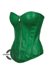 Sexy Green Leather Zipper Gothic Steampunk Bustier Waist Training Overbust Corset Costume