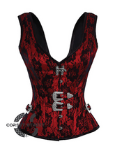 Red Satin Net Covered Shoulder Strap Gothic Burlesque Bustier Waist Training Overbust Corset Costume