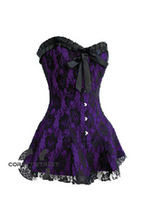 Purple Satin Black Net N Frill Gothic Burlesque Bustier Waist Training Costume Overbust Corset Dress