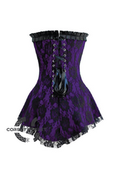 Purple Satin Black Net N Frill Gothic Burlesque Bustier Waist Training Costume Overbust Corset Dress