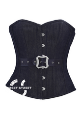 Black Denim Leather Belt Gothic Steampunk Bustier Waist Training Overbust Corset Costume