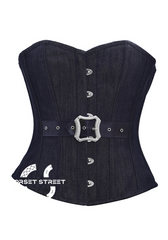 Black Denim Leather Belt Gothic Steampunk Bustier Waist Training Overbust Corset Costume