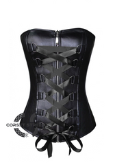 Black Faux Leather Satin Lace Gothic Steampunk Waist Training Bustier Overbust Corset Costume