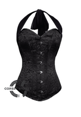 Black Brocade Net Halter Neck Gothic Burlesque Waist Training Bustier Overbust Plus Size Corset Costume