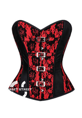 Red Black Satin Net Gothic Burlesque Waist Training Bustier Overbust Corset Costume