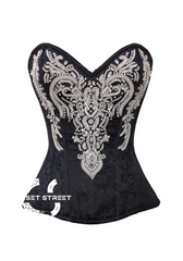 Black Brocade Silver Sequins Gothic Burlesque Waist Training Overbust Corset Costume