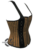 Cotton Jute & Black Leather Shoulder Strap Gothic Steampunk Waist Training Bustier Overbust Plus Size Corset Top