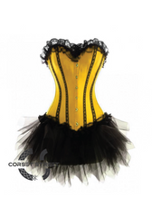 Yellow Satin Black Net Gothic Burlesque Bustier Waist Training Costume Overbust Plus Size Corset Dress