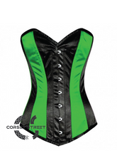 Green Black Satin Gothic Burlesque Waist Training Bustier LONG Overbust Corset Costume