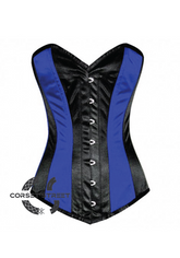 Blue Black Satin Gothic Burlesque Waist Training Bustier LONG Overbust Corset Costume