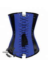 Blue Black Satin Gothic Burlesque Waist Training Bustier LONG Overbust Corset Costume