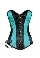 Baby Blue & Black Satin Gothic Burlesque Waist Training Bustier LONG Overbust Corset Costume