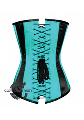 Baby Blue & Black Satin Gothic Burlesque Waist Training Bustier LONG Overbust Corset Costume