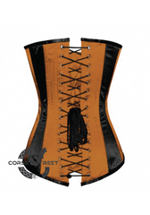 Brown & Black Satin Gothic Burlesque Waist Training Bustier LONG Overbust Plus Size Corset Costume