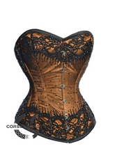 Brown Satin Black Sequins Gothic Burlesque Bustier Waist Training Overbust Plus Size Corset Costume