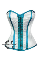 White Satin Baby Blue Stripes Gothic Burlesque Bustier Waist Training Overbust Plus Size Corset Costume