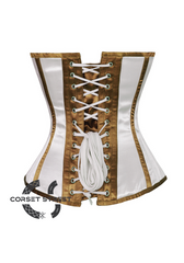 White Satin Brown Stripes Gothic Burlesque Bustier Waist Training Overbust Corset Costume