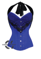 Blue Satin Black Net Halter Neck Gothic Burlesque Bustier Waist Training LONG Overbust Corset Costume