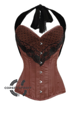 Brown Satin Black Net Halter Neck Gothic Burlesque Bustier Waist Training LONG Plus Size Overbust Corset