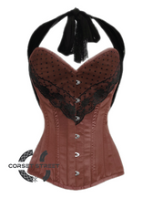 Brown Satin Black Net Halter Neck Gothic Burlesque Bustier Waist Training LONG Plus Size Overbust Corset