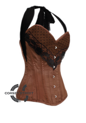 Brown Satin Black Net Halter Neck Gothic Burlesque Bustier Waist Training LONG Plus Size Overbust Corset