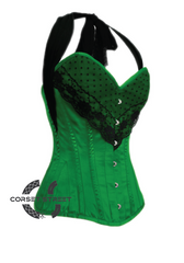 Green Satin Black Net Halter Neck Gothic Burlesque Bustier Waist Training LONG Overbust Corset Costume