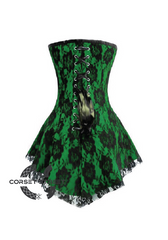 Green Satin Black Net Gothic Burlesque Bustier Waist Training Costume Overbust Corset Dress