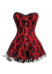 Red Satin Black Net Gothic Burlesque Bustier Waist Training Costume Overbust Corset Dress