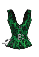 Green Satin Net Covered Shoulder Strap Gothic Burlesque Bustier Waist Training Overbust Plus Size Corset Costume