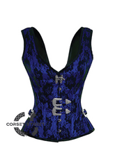 Blue Satin Net Covered Shoulder Strap Gothic Burlesque Bustier Waist Training Overbust Corset Costume