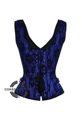 Blue Satin Net Covered Shoulder Strap Gothic Burlesque Bustier Waist Training Overbust Plus Size Corset Costume