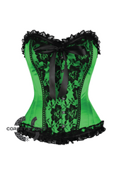 Green Satin Black Frill N Net Gothic Burlesque Bustier Waist Training Overbust Plus Size Corset Costume