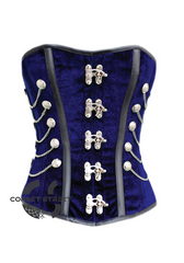 Blue Velvet Black Faux Leather Strips Gothic Steampunk Waist Training Bustier Overbust Corset Costume