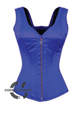 Blue Satin Shoulder Straps Zipper Gothic Burlesque Bustier Waist Training Overbust Corset Costume