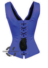 Blue Satin Shoulder Straps Zipper Gothic Burlesque Bustier Waist Training Overbust Corset Costume