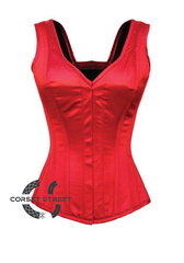 Red Satin Shoulder Straps Front Closed Gothic Burlesque Bustier Waist Training Overbust Plus Size Corset Costume