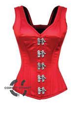 Red Satin Shoulder Straps Seal Lock Opening Gothic Burlesque Bustier Waist Training Overbust Corset Costume