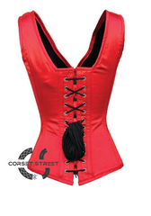 Red Satin Shoulder Straps Seal Lock Opening Gothic Burlesque Bustier Waist Training Overbust Plus Size Corset Costume
