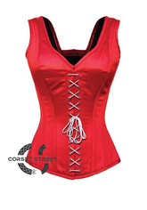 Red Satin Shoulder Straps White Lace Opening Gothic Burlesque Bustier Waist Training Overbust Corset Costume